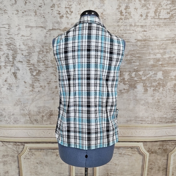 Vintage 1960s Seersucker Blouse Swiss Dot Sheer Blue Teal Black Rockabilly - Picture 7 of 11